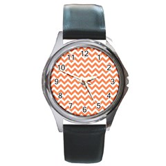 Orange And White Zigzag Round Leather Watch (silver Rim) by Zandiepants