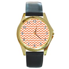 Orange And White Zigzag Round Leather Watch (gold Rim)  by Zandiepants