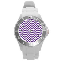 Purple And White Zigzag Pattern Plastic Sport Watch (large) by Zandiepants