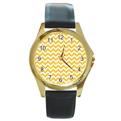 Sunny Yellow And White Zigzag Pattern Round Leather Watch (Gold Rim) 