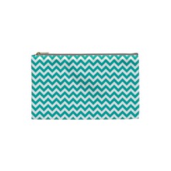 Turquoise And White Zigzag Pattern Cosmetic Bag (small) by Zandiepants