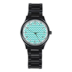 Turquoise And White Zigzag Pattern Sport Metal Watch (black) by Zandiepants