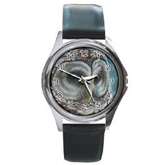 Barred Owl Round Leather Watch (silver Rim) by TonyaButcher