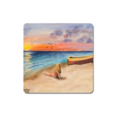 Alone On Sunset Beach Magnet (square)