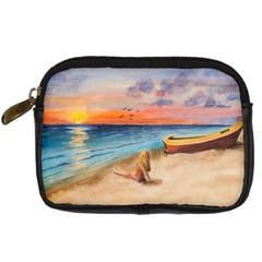 Alone On Sunset Beach Digital Camera Leather Case by TonyaButcher