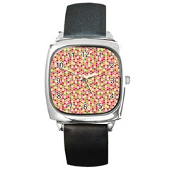 Pink Green Beehive Pattern Square Leather Watch by Zandiepants