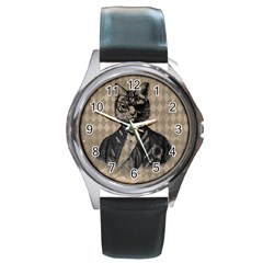 Harlequin Cat Round Leather Watch (silver Rim) by StuffOrSomething