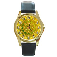 Yellow Green Abstract Wheel Of Fire Round Leather Watch (gold Rim)  by DianeClancy