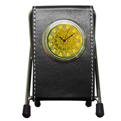 Yellow Green Abstract Wheel Of Fire Stationery Holder Clock by DianeClancy