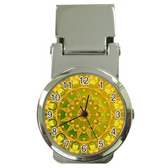 Yellow Green Abstract Wheel Of Fire Money Clip With Watch