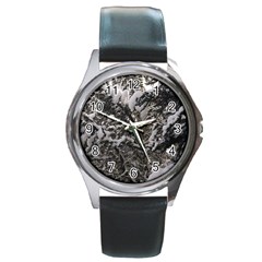 Snowy Trees Round Leather Watch (silver Rim) by DmitrysTravels