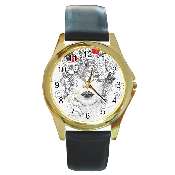 Flower Child Round Leather Watch (Gold Rim) 