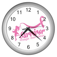 Survivor Stronger Than Cancer Pink Ribbon Wall Clock (silver)