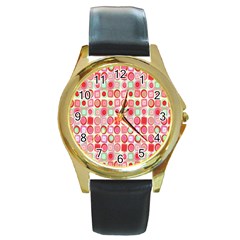 Far Out Geometrics Round Leather Watch (gold Rim)  by StuffOrSomething