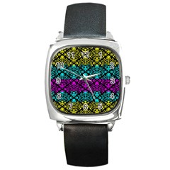 Cmyk Damask Flourish Pattern Square Leather Watch by DDesigns