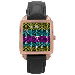 Cmyk Damask Flourish Pattern Rose Gold Leather Watch 