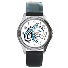 Blue And Black Wolf Head Outline Facing Right Side Round Metal Watch by WildThings