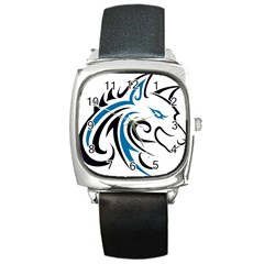 Blue And Black Wolf Head Outline Facing Right Side Square Metal Watch