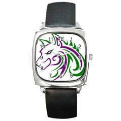 Purple And Green Wolf Head Outline Facing Left Side Square Metal Watch