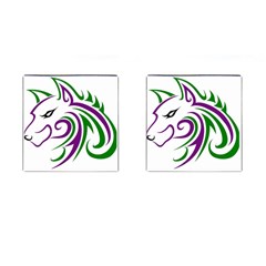 Purple And Green Wolf Head Outline Facing Left Side Cufflinks (square) by WildThings