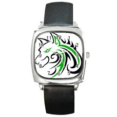 Green And Black Wolf Head Outline Facing Left Side Square Metal Watch by WildThings