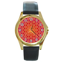 Radial Flower Round Leather Watch (gold Rim) 