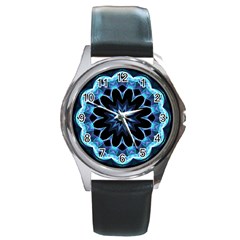 Crystal Star, Abstract Glowing Blue Mandala Round Leather Watch (silver Rim) by DianeClancy