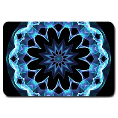 Crystal Star, Abstract Glowing Blue Mandala Large Door Mat by DianeClancy