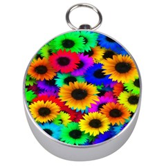 Colorful Sunflowers Silver Compass