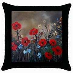 Poppy Garden Black Throw Pillow Case