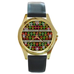 Aztec Style Pattern Round Leather Watch (gold Rim)  by dflcprints