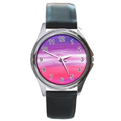 Abstract In Pink & Purple Round Leather Watch (silver Rim) by StuffOrSomething