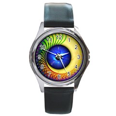 Eerie Psychedelic Eye Round Leather Watch (silver Rim) by StuffOrSomething