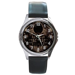 Skull Poster Background Round Leather Watch (silver Rim) by dflcprints