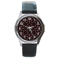 Futuristic Dark Pattern Round Leather Watch (silver Rim) by dflcprints