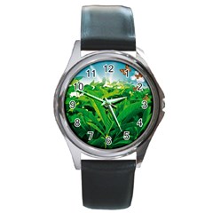 Nature Day Round Leather Watch (silver Rim) by dflcprints