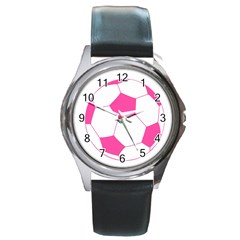 Soccer Ball Pink Round Leather Watch (silver Rim) by Designsbyalex