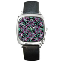 Floral Arabesque Pattern Square Leather Watch by dflcprints
