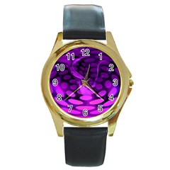 Abstract In Purple Round Leather Watch (gold Rim)  by FunWithFibro