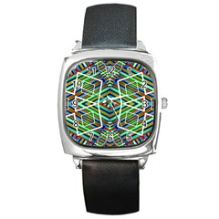 Colorful Geometric Abstract Pattern Square Leather Watch by dflcprints