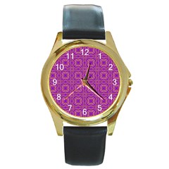 Purple Moroccan Pattern Round Leather Watch (gold Rim)  by SaraThePixelPixie