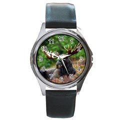 Majestic Moose Round Leather Watch (silver Rim) by StuffOrSomething