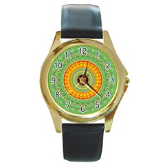 Mandala Round Leather Watch (gold Rim)  by Siebenhuehner