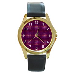 Funky Retro Pattern Round Leather Watch (gold Rim)  by SaraThePixelPixie