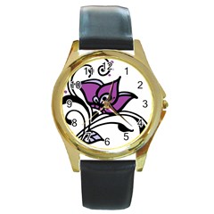 Awareness Flower Round Leather Watch (gold Rim)  by FunWithFibro