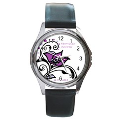 2015 Awareness Day Round Leather Watch (silver Rim) by FunWithFibro