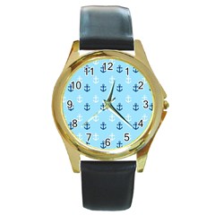 Anchors In Blue And White Round Leather Watch (gold Rim)  by StuffOrSomething