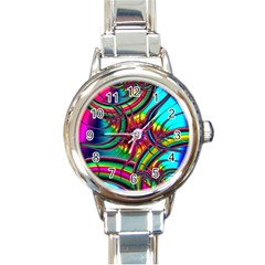 Abstract Neon Fractal Rainbows Round Italian Charm Watch by StuffOrSomething