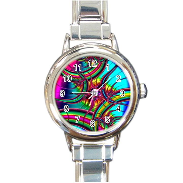 Abstract Neon Fractal Rainbows Round Italian Charm Watch