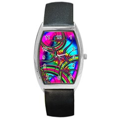 Abstract Neon Fractal Rainbows Tonneau Leather Watch by StuffOrSomething